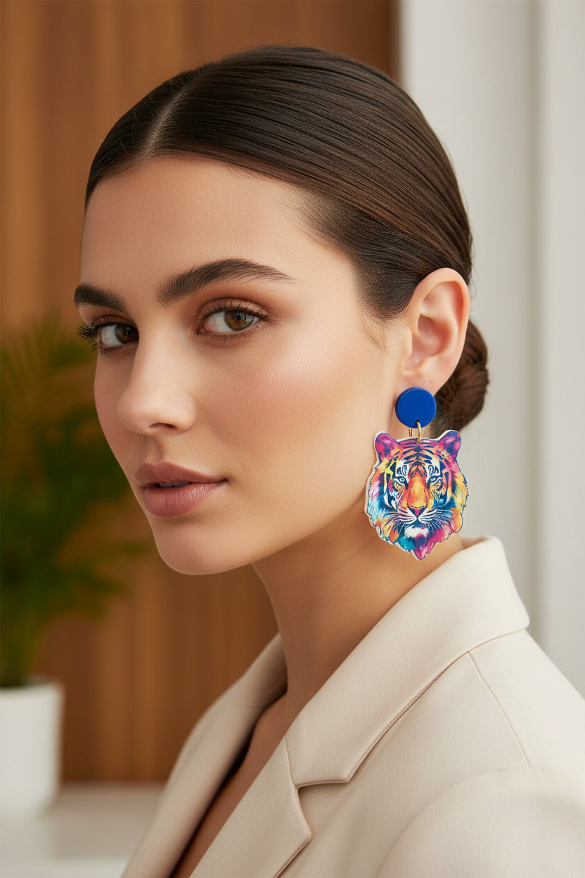 Colorful Tiger Earrings-Blue