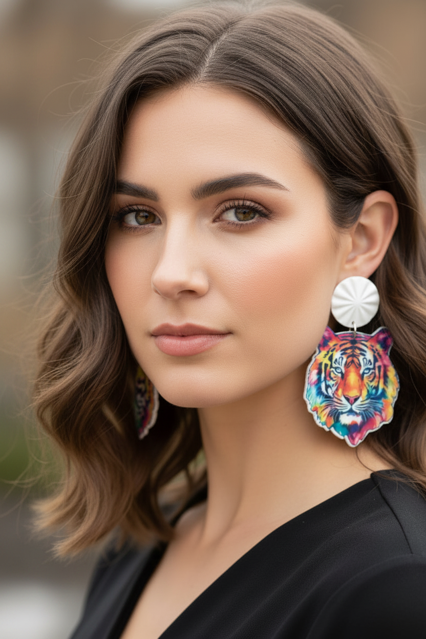Colorful Tiger Earrings-White