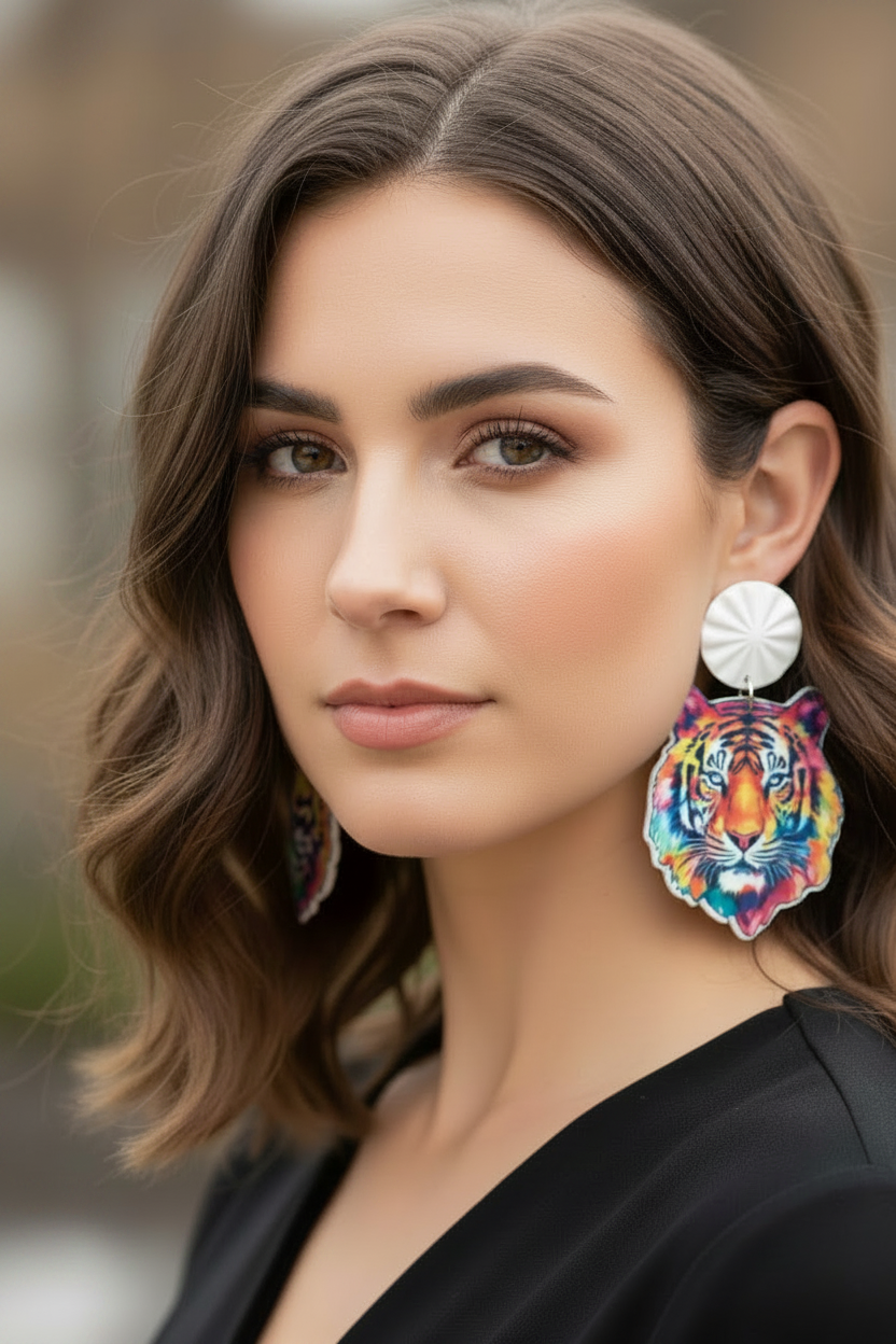 Colorful Tiger Earrings-White