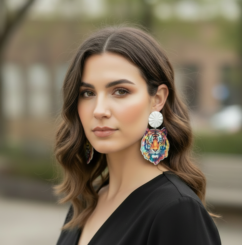 Colorful Tiger Earrings-White
